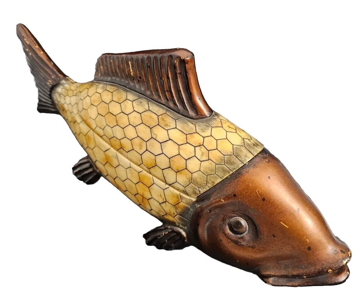 Vtg Austin Kinder Collection Large Resin Fish trinket storage box Sculpture Koi