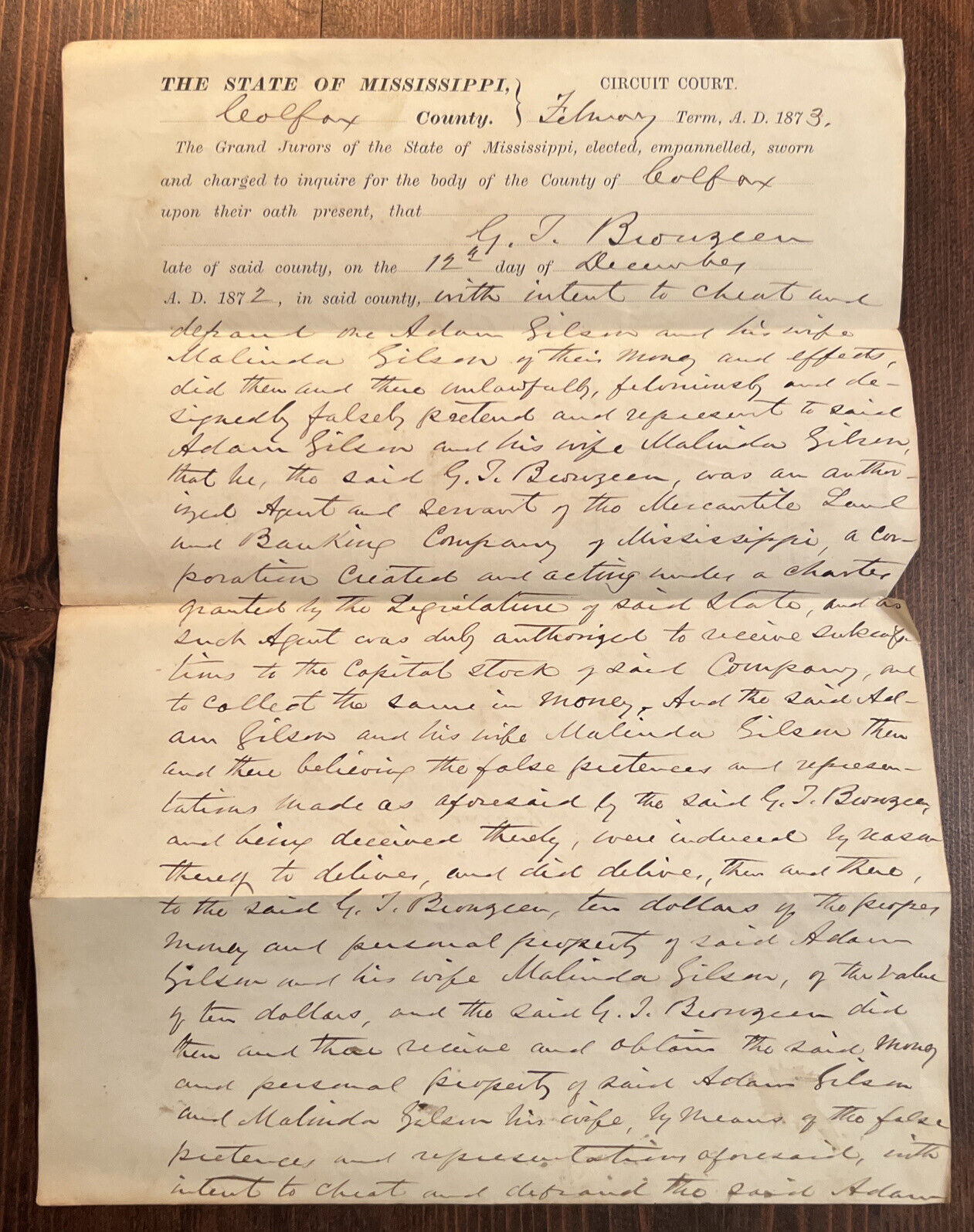Antique 1873 Ephemera Legal Court Document  Grand Jury Indictment Fraud