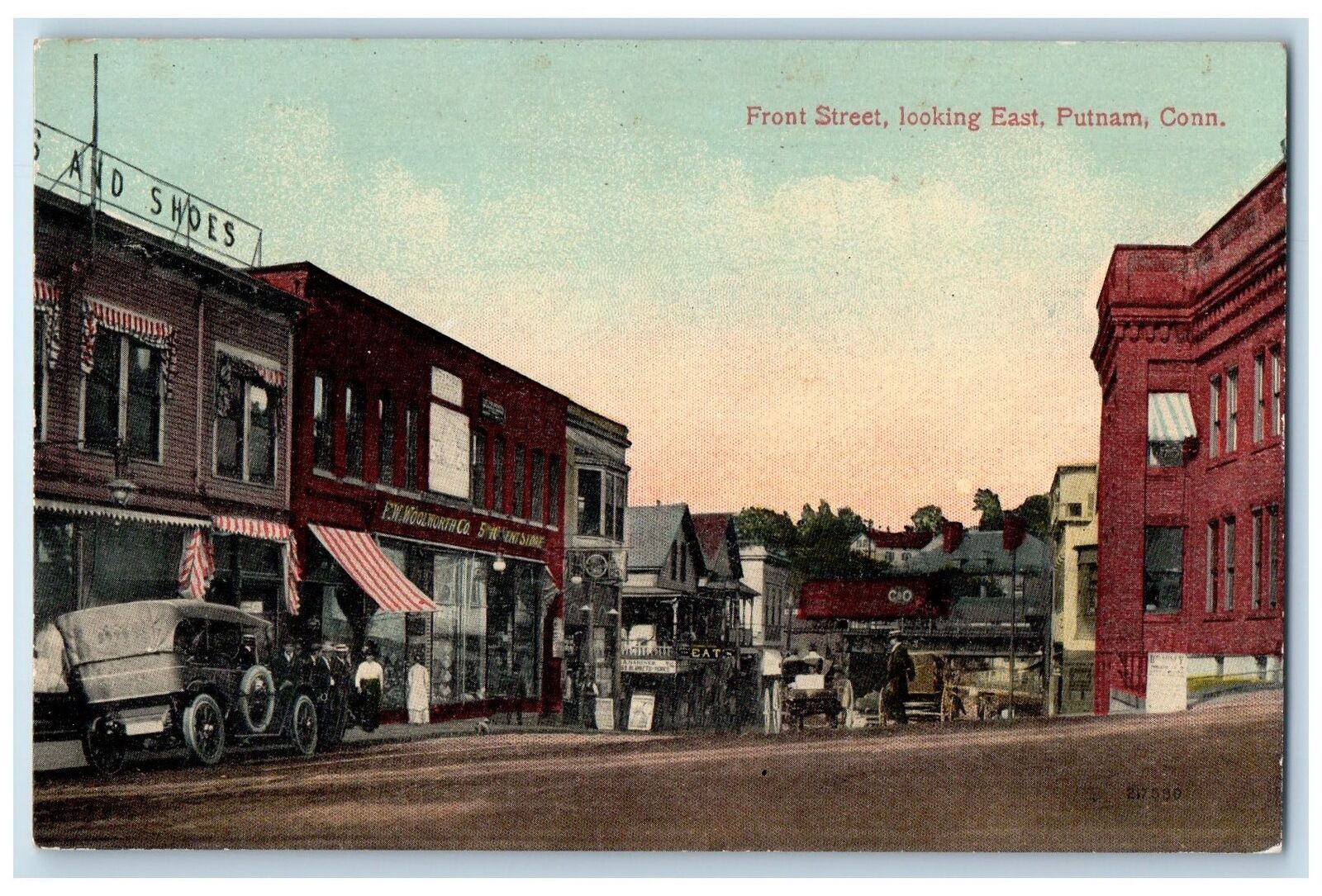 c1910\'s Front Street East Downtown Car Parking Stores Putnam Conn. CT Postcard
