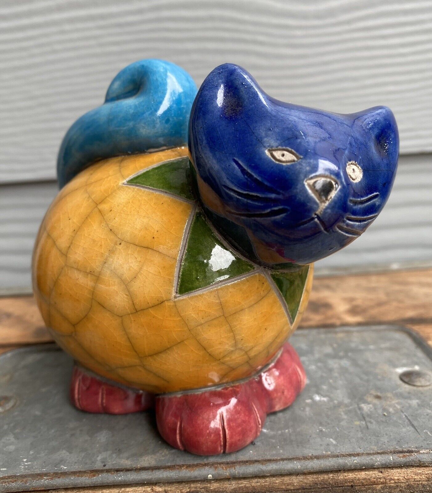 South African Standing Cat Figurine Raku Pottery Blue Head Vibrant Colors Signed