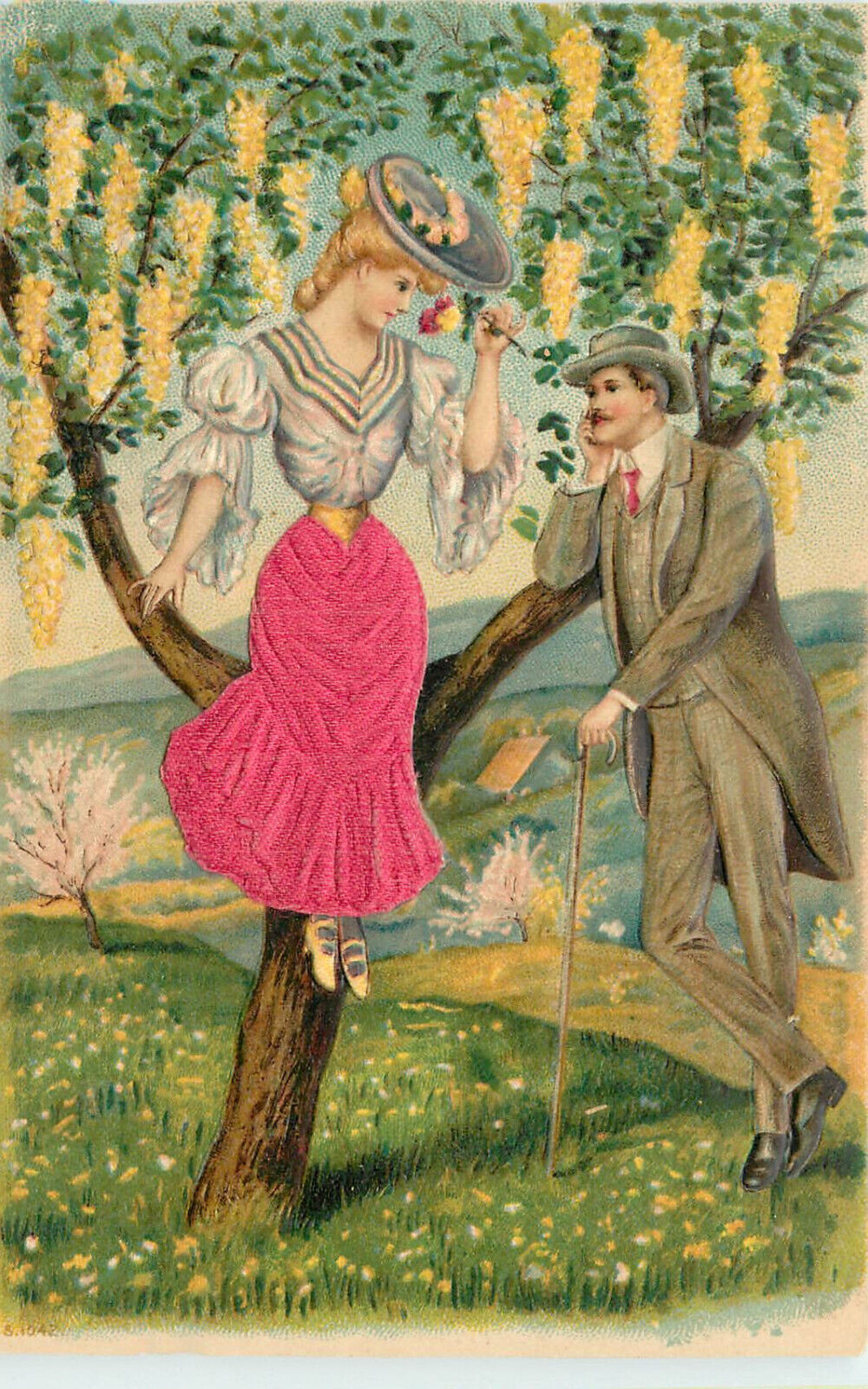 Embossed Silk Applique Postcard Romance Couple Woman In tree Pink Skirt 1042