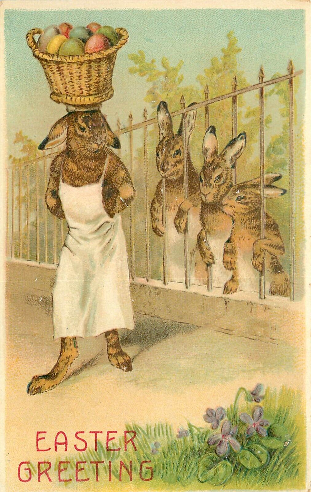 Embossed Easter Postcard Dressed Rabbit W/ Basket Of Colored Eggs on Head BW 354