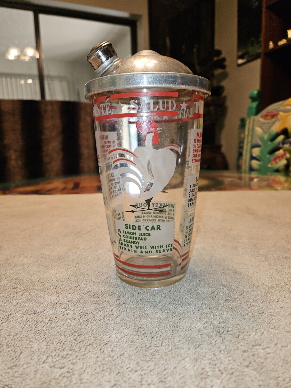 Vintage 1960s MCM Chrome Glass Recipe Cocktail Drink Shaker Mixer Barware F24