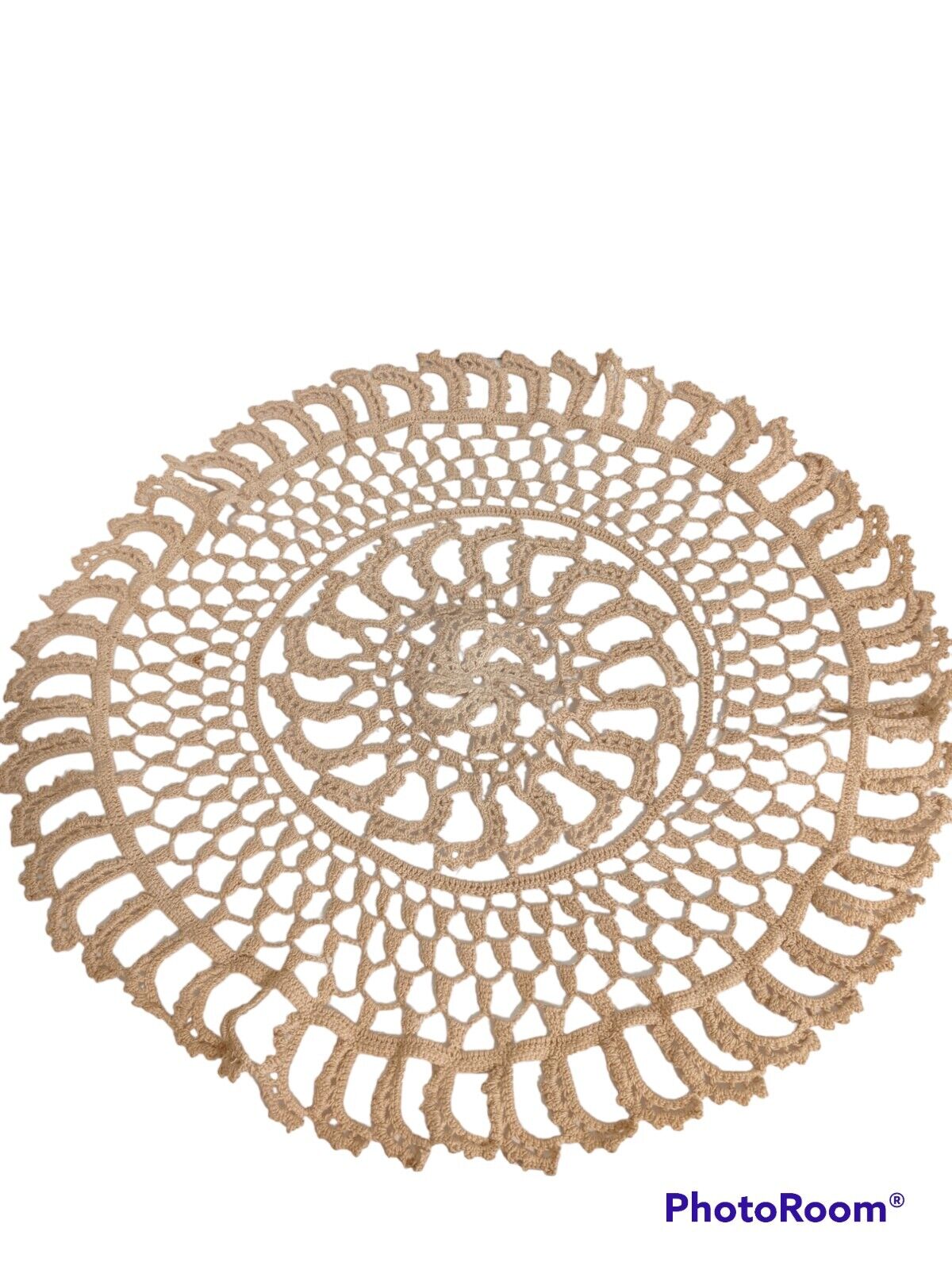 Handmade Crocheted Doily Coffee Table Covering Round Beige Tan 20 Inch see desc