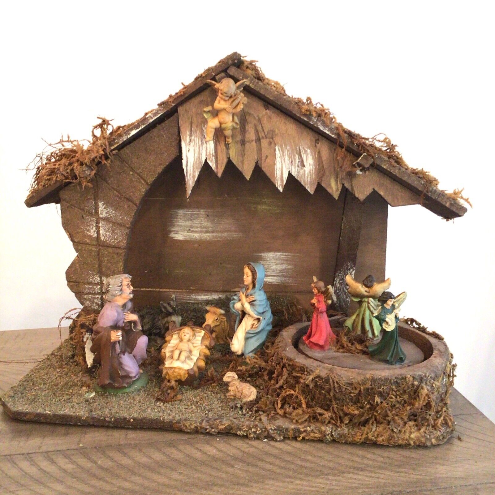 Vtg Hess’s NATIVITY SET Wooden Creche 10 Figures W Musical Rotating Angels Italy