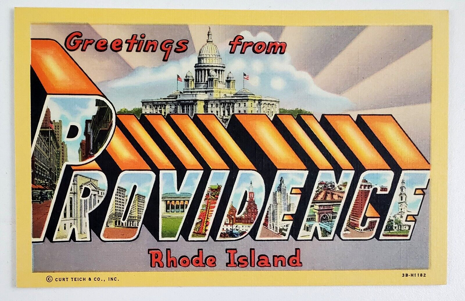 1940s Providence RI Rhode Island Greetings Large Letter Linen Vintage Postcard