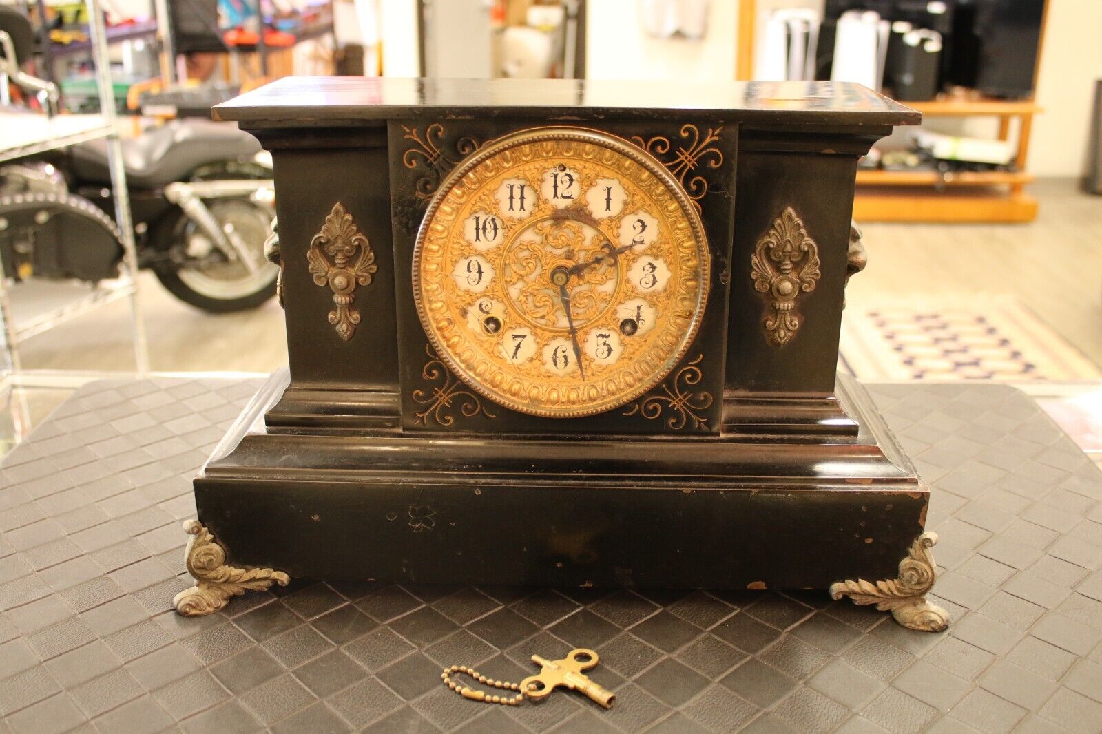 Antique Ansonia Mantle 8-Day Clock,Cast Iron-Steel (HEAVY)(FOR PARTS & REPAIR)