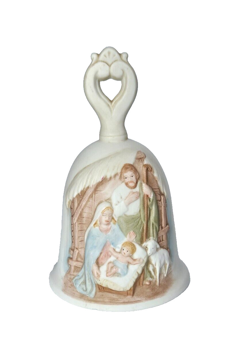 Vintage Homco Porcelain Bell Raised Nativity Scene Jesus Mary Joseph 5 1/2\