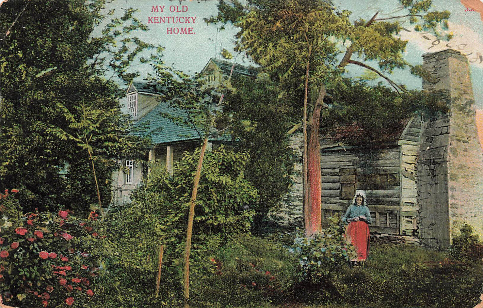 WOMAN IN FRONT OF MY OLD KENTUCKY HOME GREETING POSTCARD RICHMOND KENTUCKY 1908