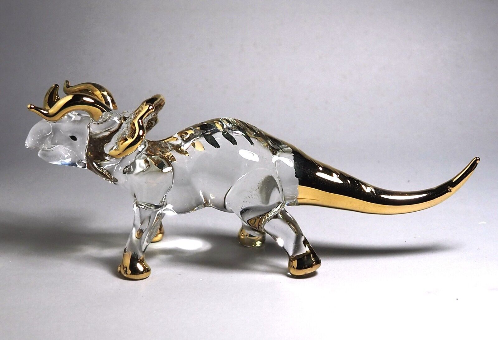 TRICERATOPS dinosaur figurine hand blown glass figure gold trim decor 6\