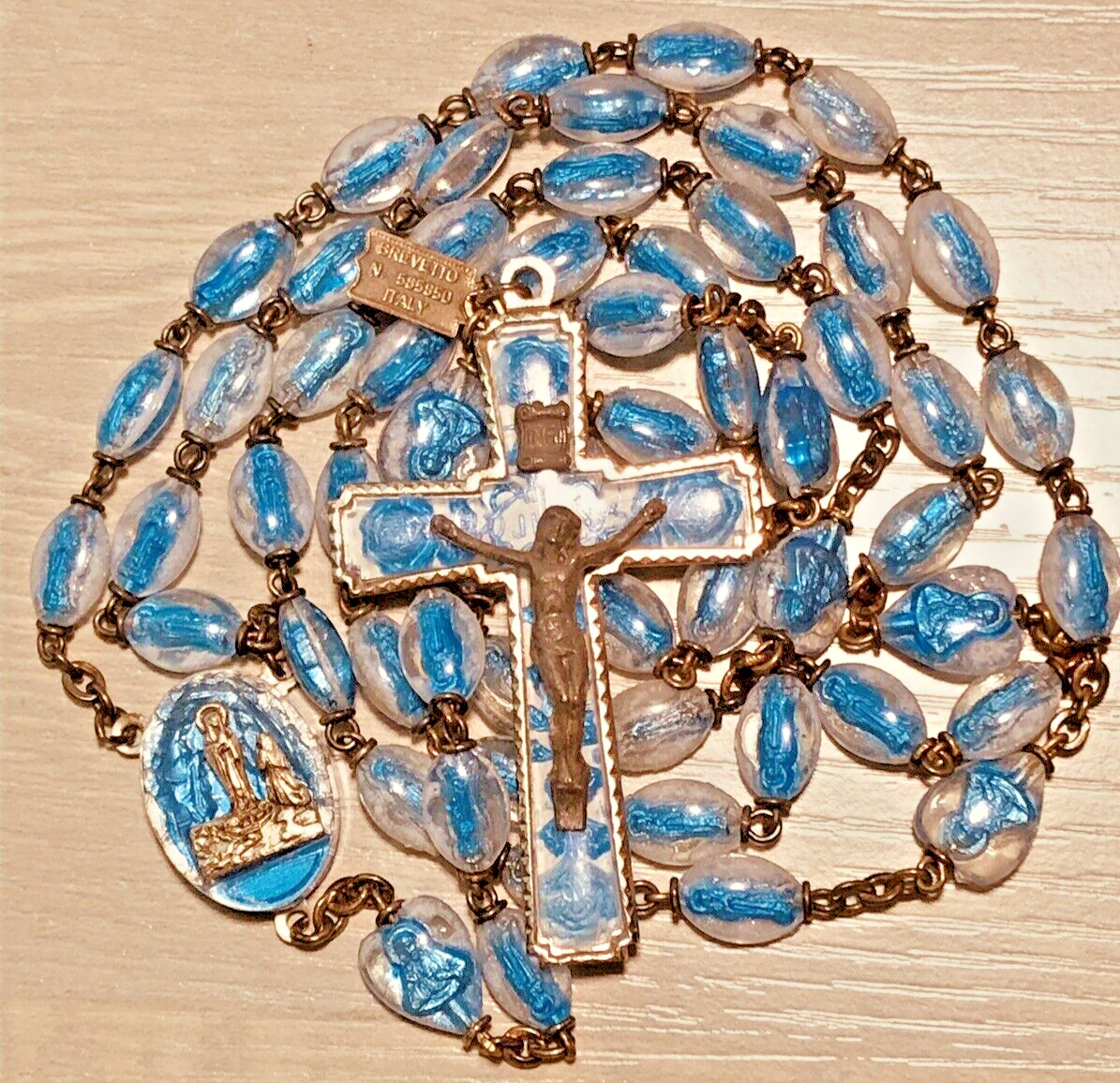 Vintage Lourdes Rosary Lucite Blue Bubble Beads, Legatura Alpacca, Italy, c.1958