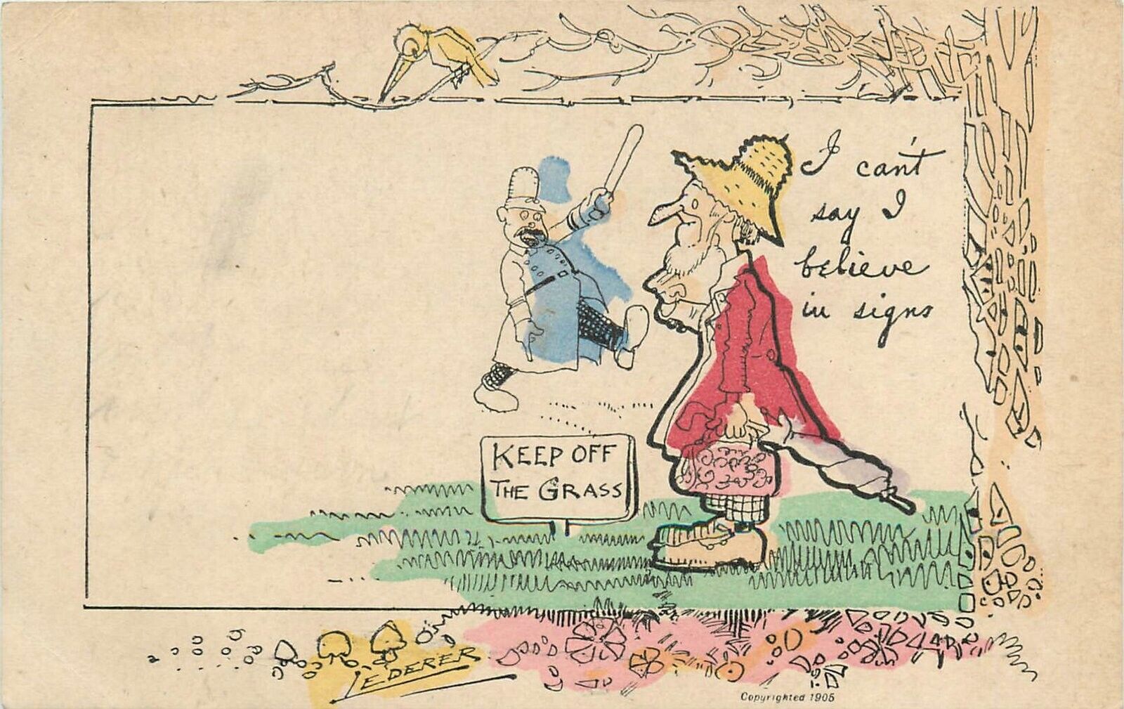 Postcard 1908 Lederer Keep off Grass Police comic humor artist impression 24-582