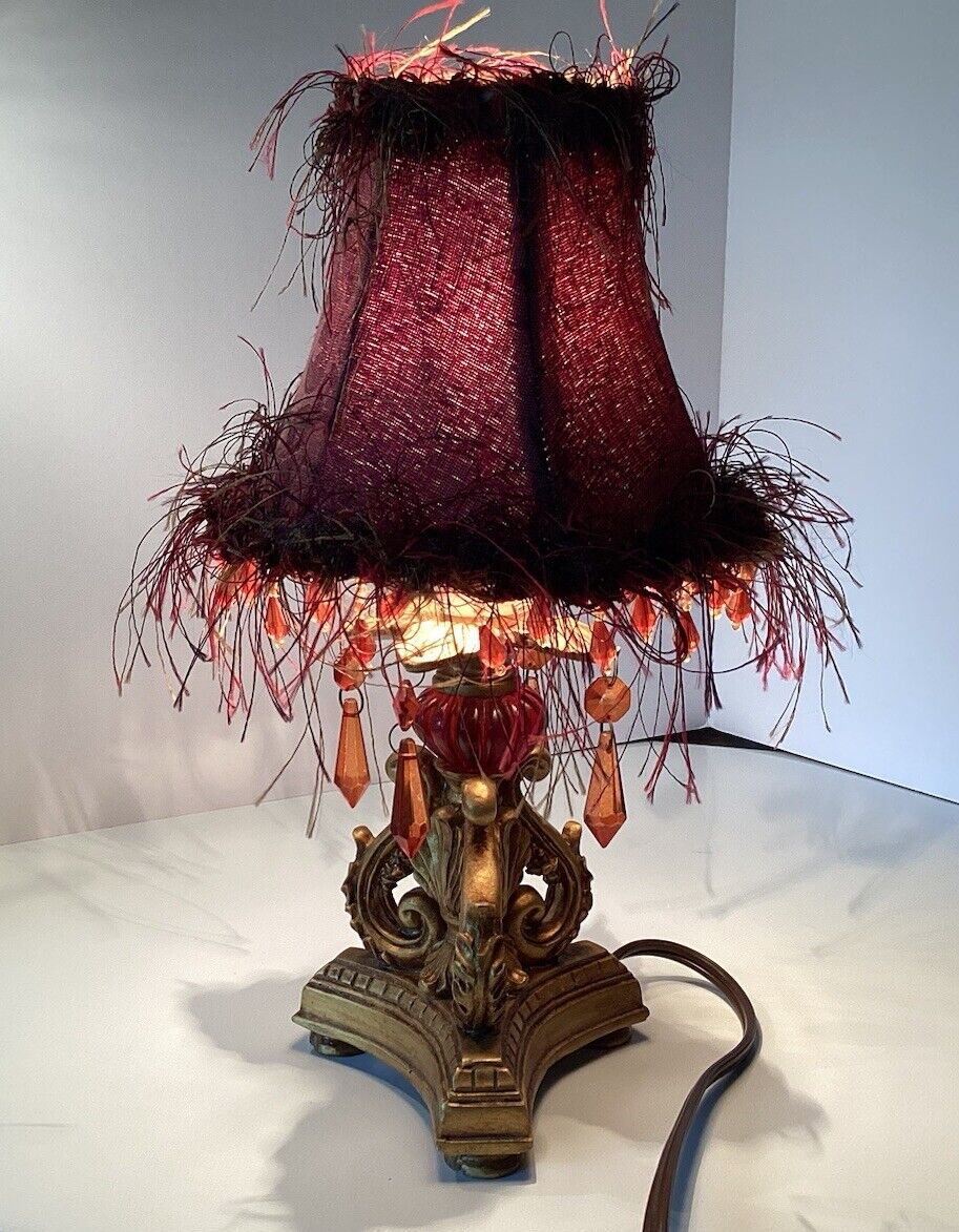 VINTAGE FLORENTINE TOLE Gold TABLE LAMP W/burgundy Tapestry Fringe Shade
