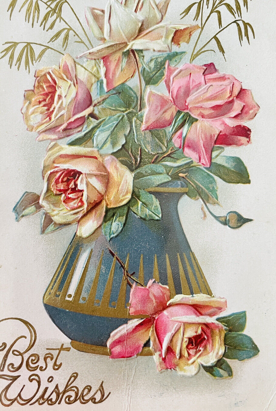 Antique 1900s Rose Vase Best Wishes Postcard Vintage Raised