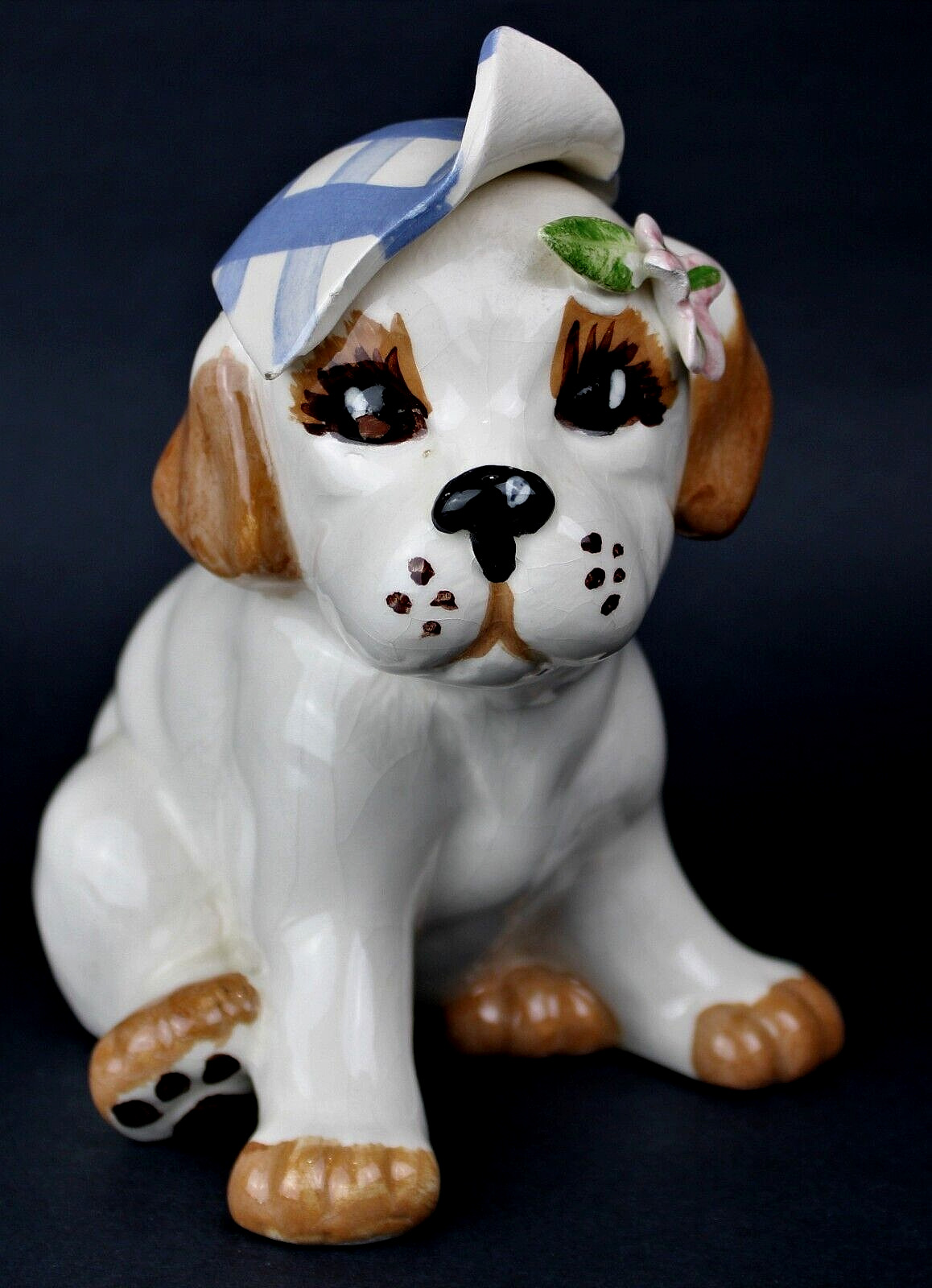 Vintage White Dog Sitting Large Figurine Floppy Hat Flowers
