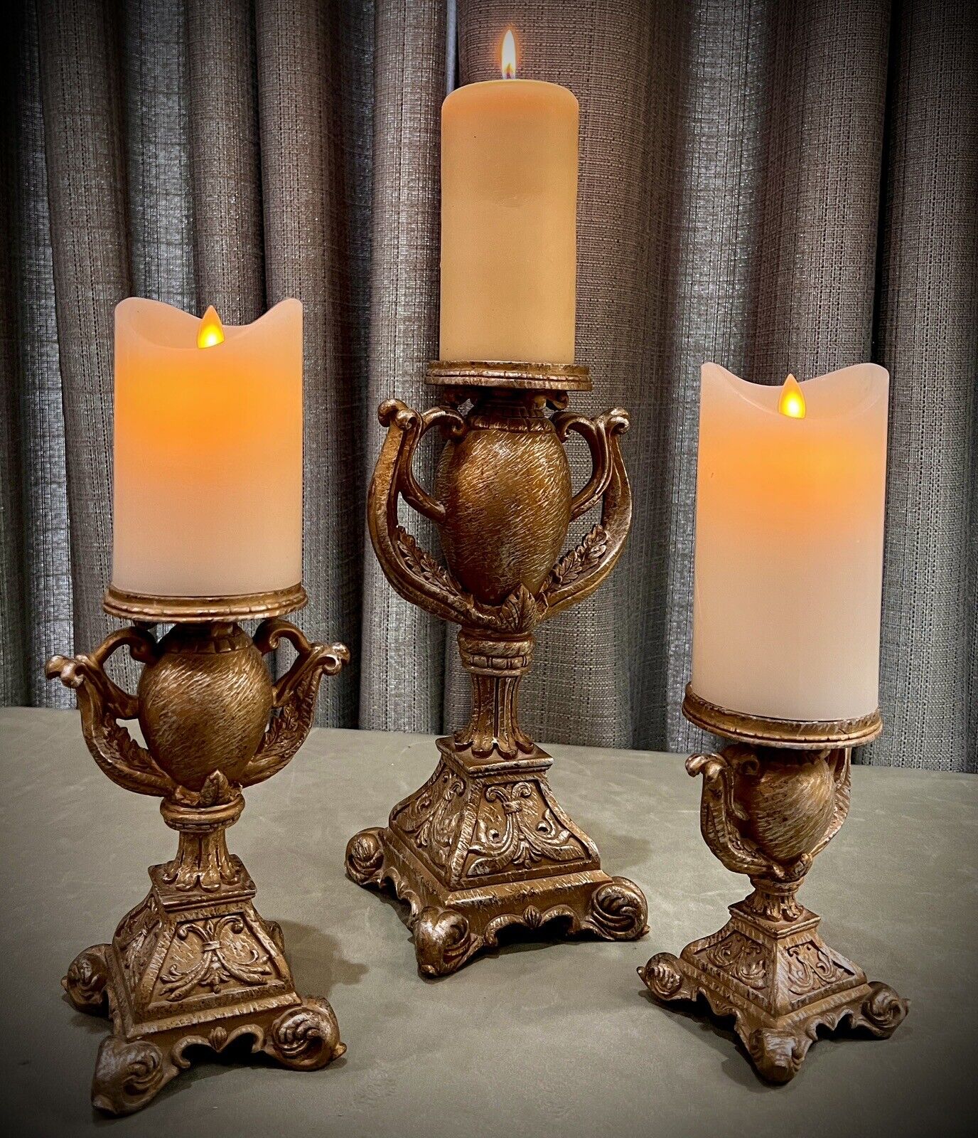 Unique Vintage Neo Classical Gold Toned Candle Holders Set Of 3