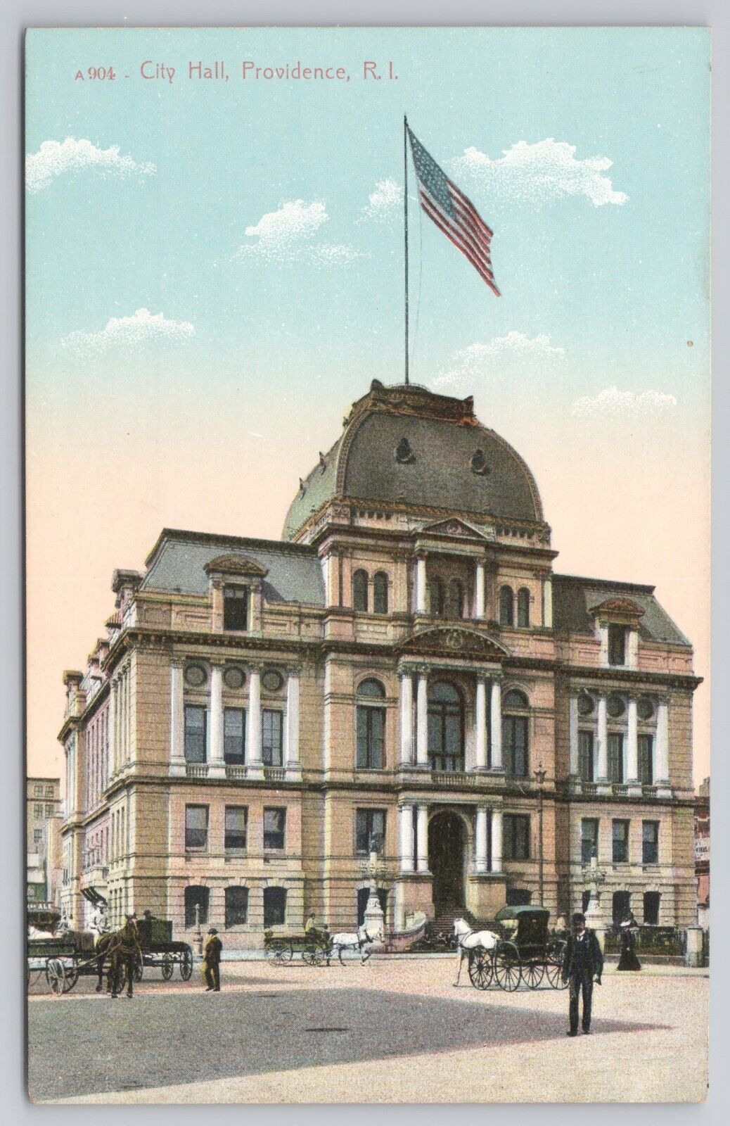 postcard City Hall Providence Rhode Island, Flag Horse Carriage