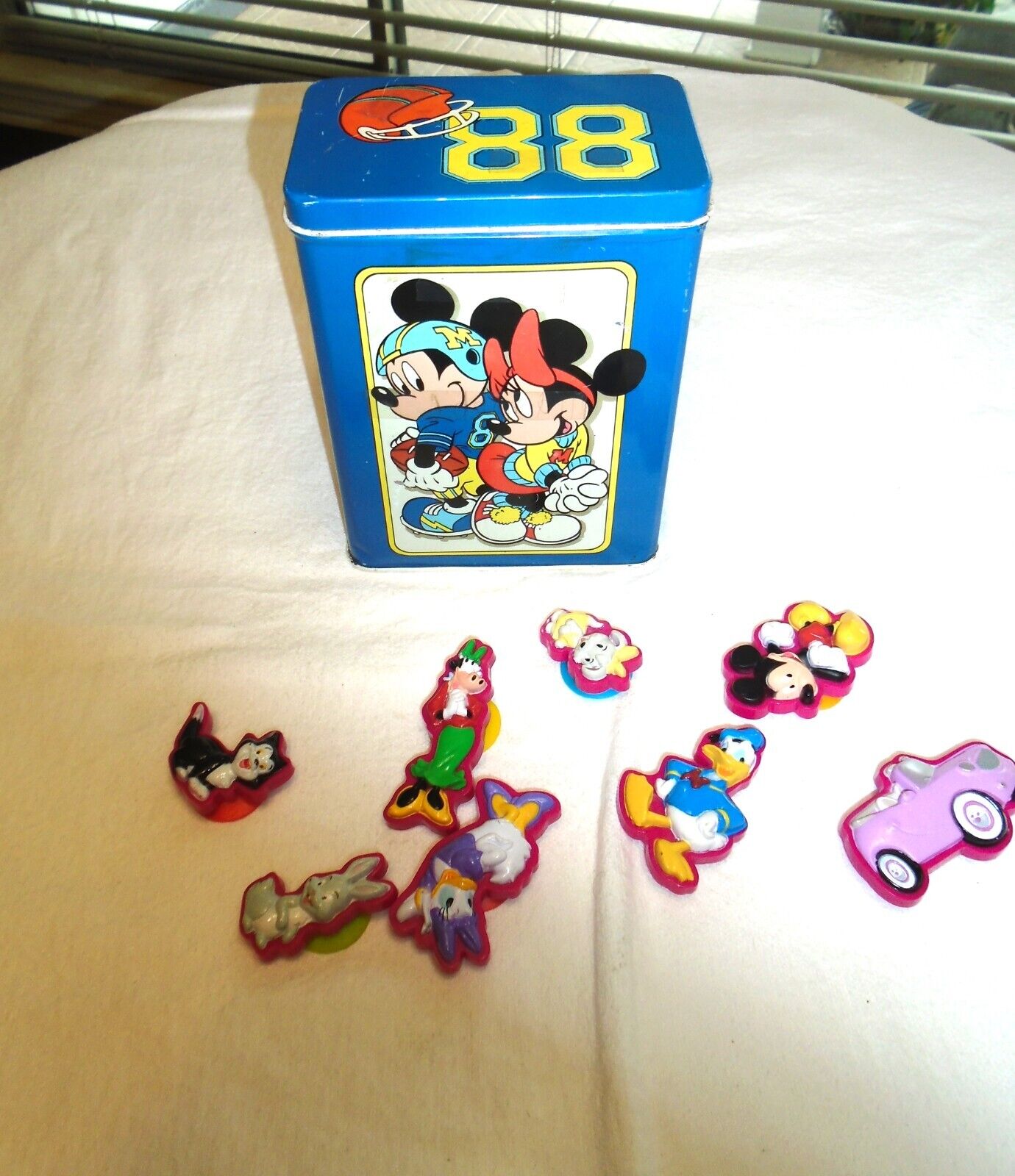 Vtg Disney Tin Box Mickey Minnie football & Suction Cup Collectible Toys