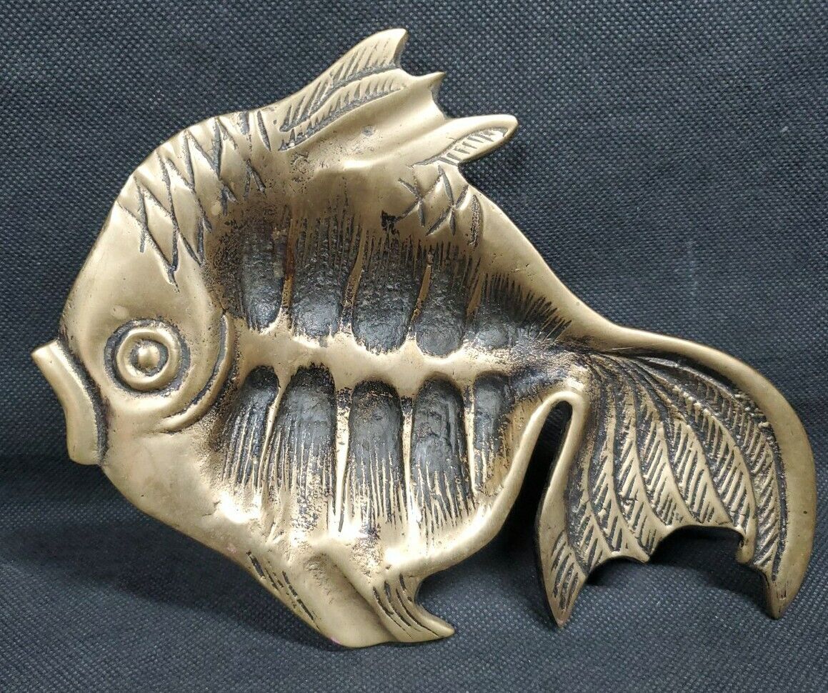 Vintage Koi Gold Fish Figurine Ashtray Nautical Whimsey Decor Metal 7.5x6 Large