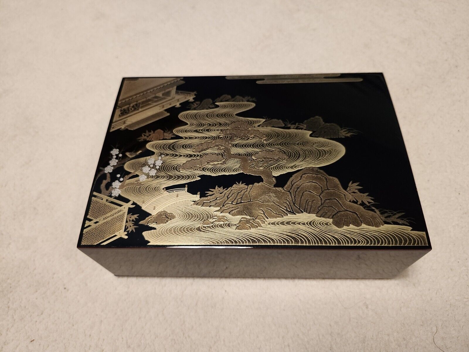 Vintage Japanese Lacquered Wooden Jewelry Case with Gold-Etched River Scene
