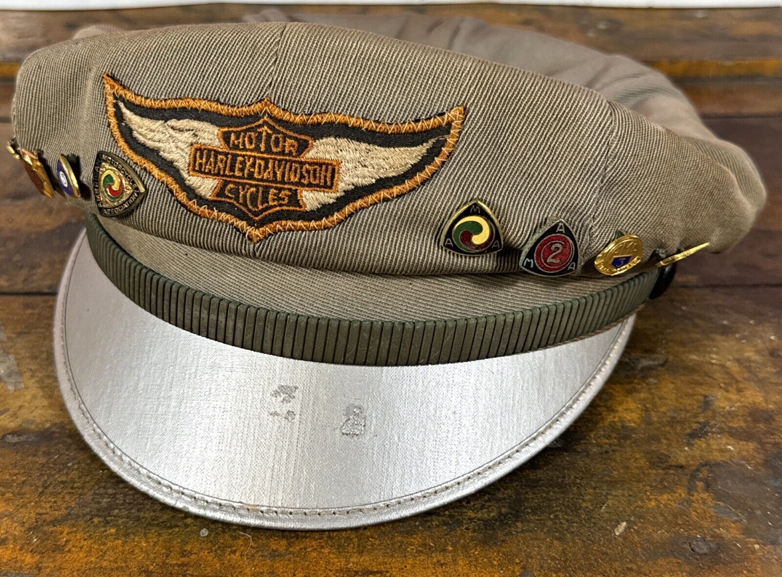 Original Vintage Harley-Davidson Grey Captains Hat W/ AMA Pins  / Motorcycle 