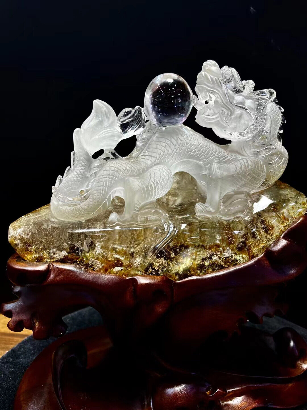 Natural White crystal Coloured Ghost Quartz Carved dragon Decorative