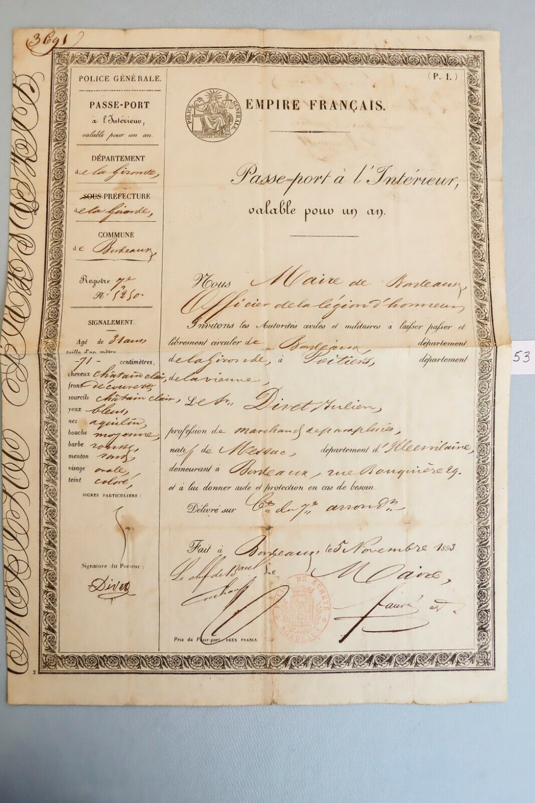 1853 France Military Passport Emperor Napoleon III Franco Prussian War 