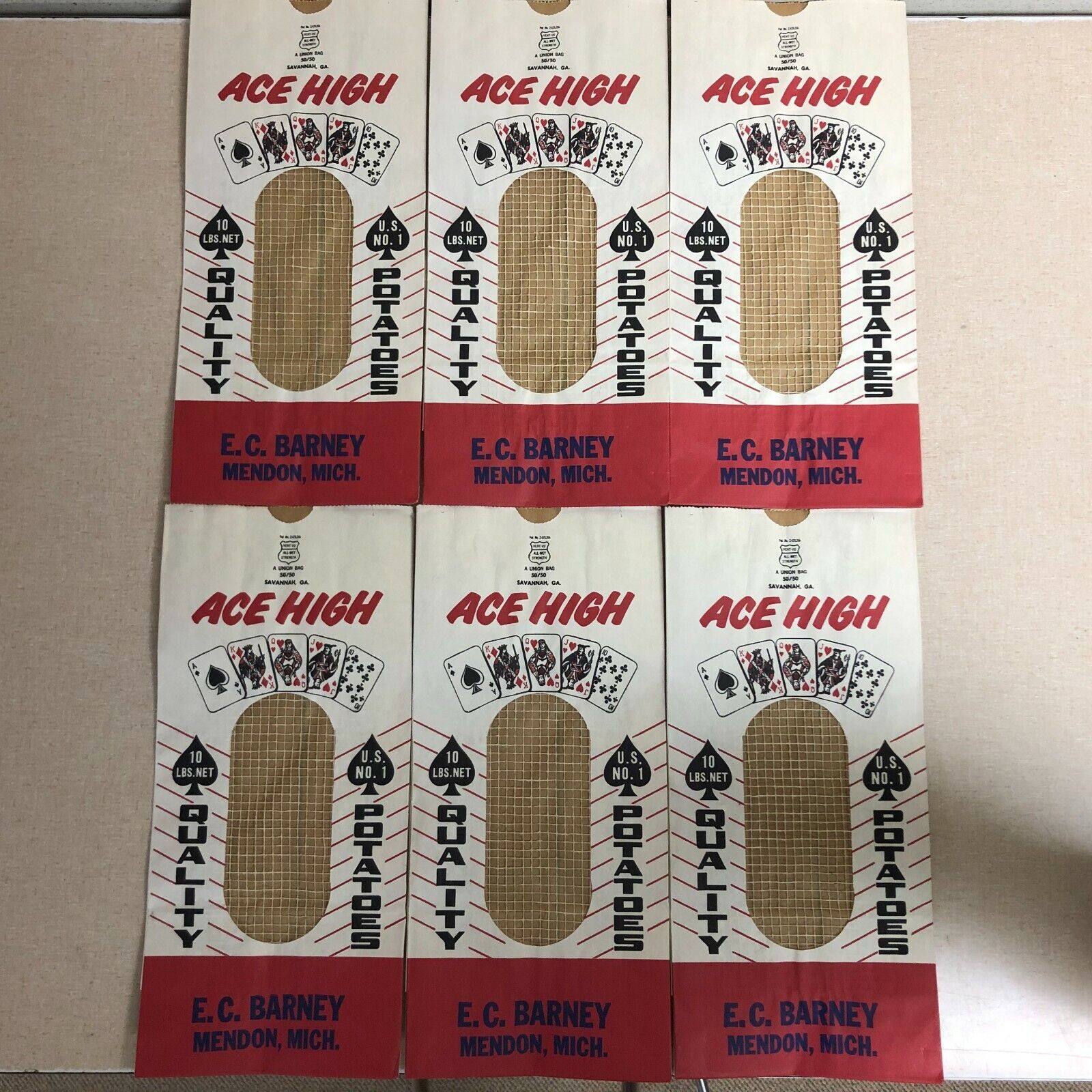 6 Vintage ACE HIGH NOS Ununsed 10 LB Potato Bags Mendon Michigan Poker Cards 