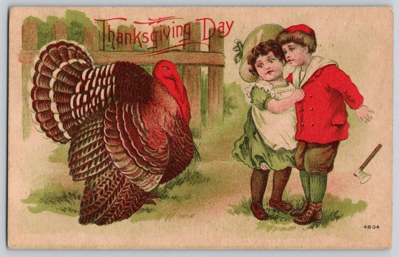 Antique Comic Postcard~ Thanksgiving Day~ Children Afraid Of Thanksgiving Turkey