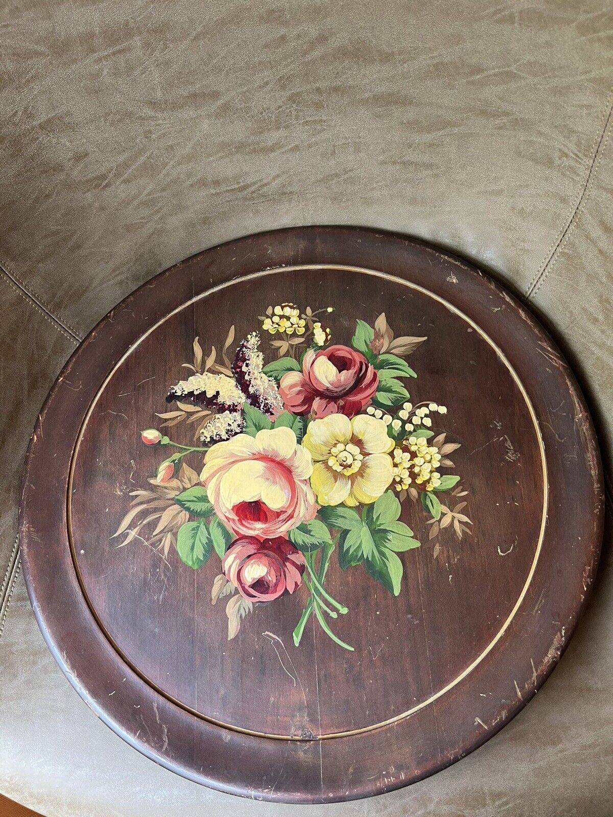 Vintage Hand Painted Flowers On Round Wood Tray Plaque Chippy Rustic USA