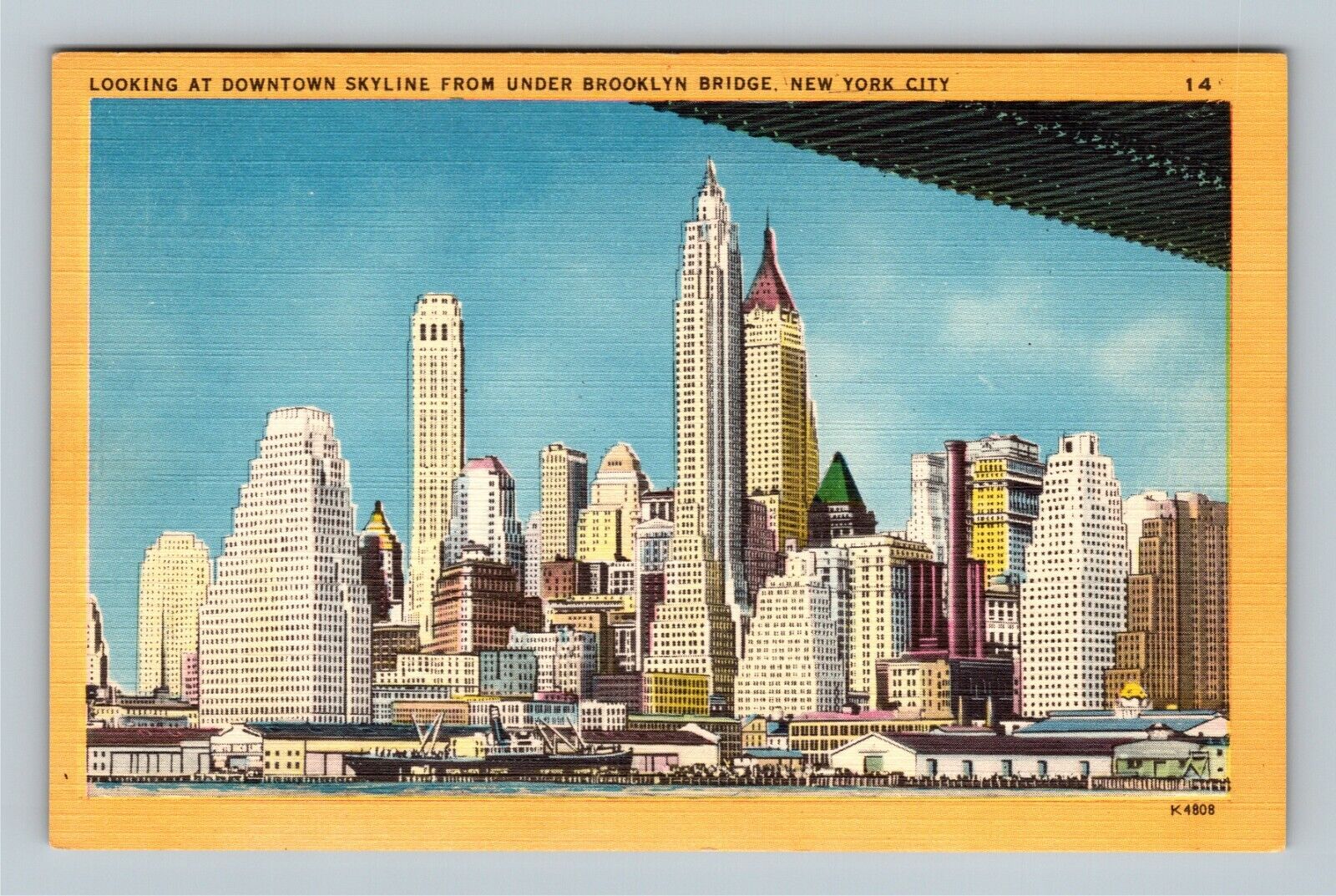 New York City NY, Downtown Skyline, Brooklyn Bridge, New York Vintage Postcard