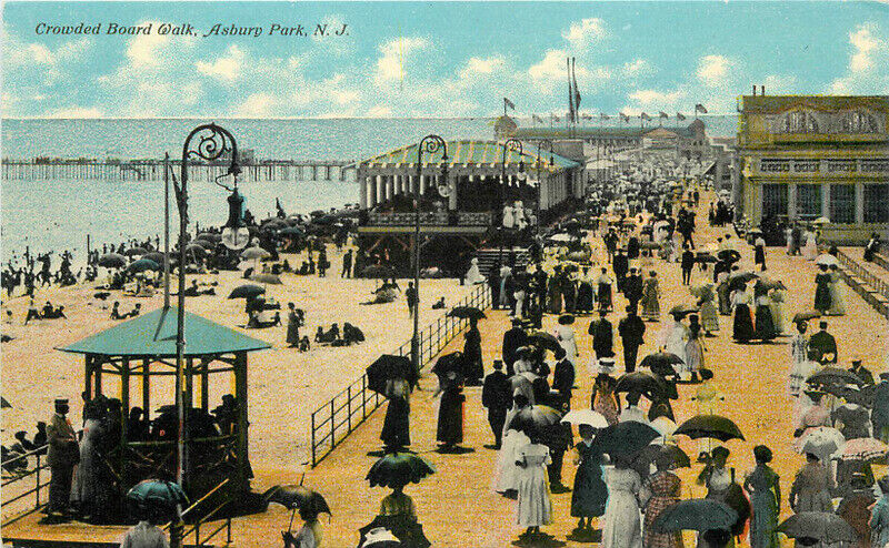 New Jersey Asbury Crowed Boardwalk beach scene IG & CO C-1920s Postcard 22-10405