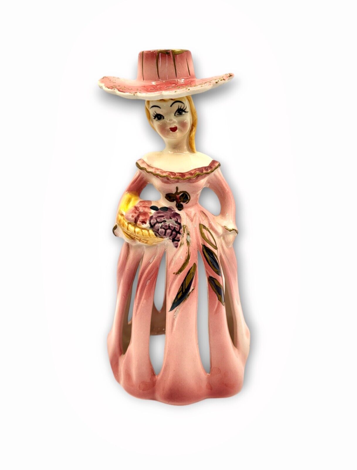 Vtg Japan Porcelain Figurine Bell Candle Napkin Holder Pink Lady 1950s Kitsch