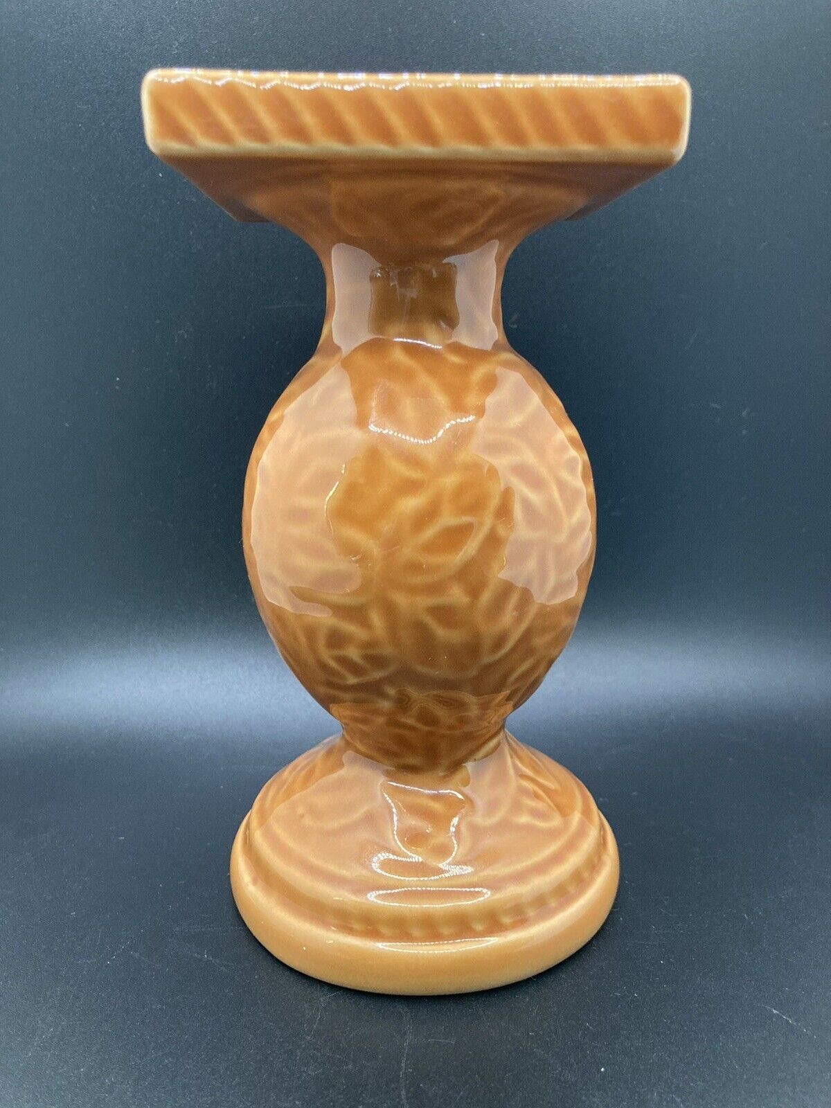 1970s Deep Rust Orange Floral Textured Ceramic Pillar Candle Holder 6.5\
