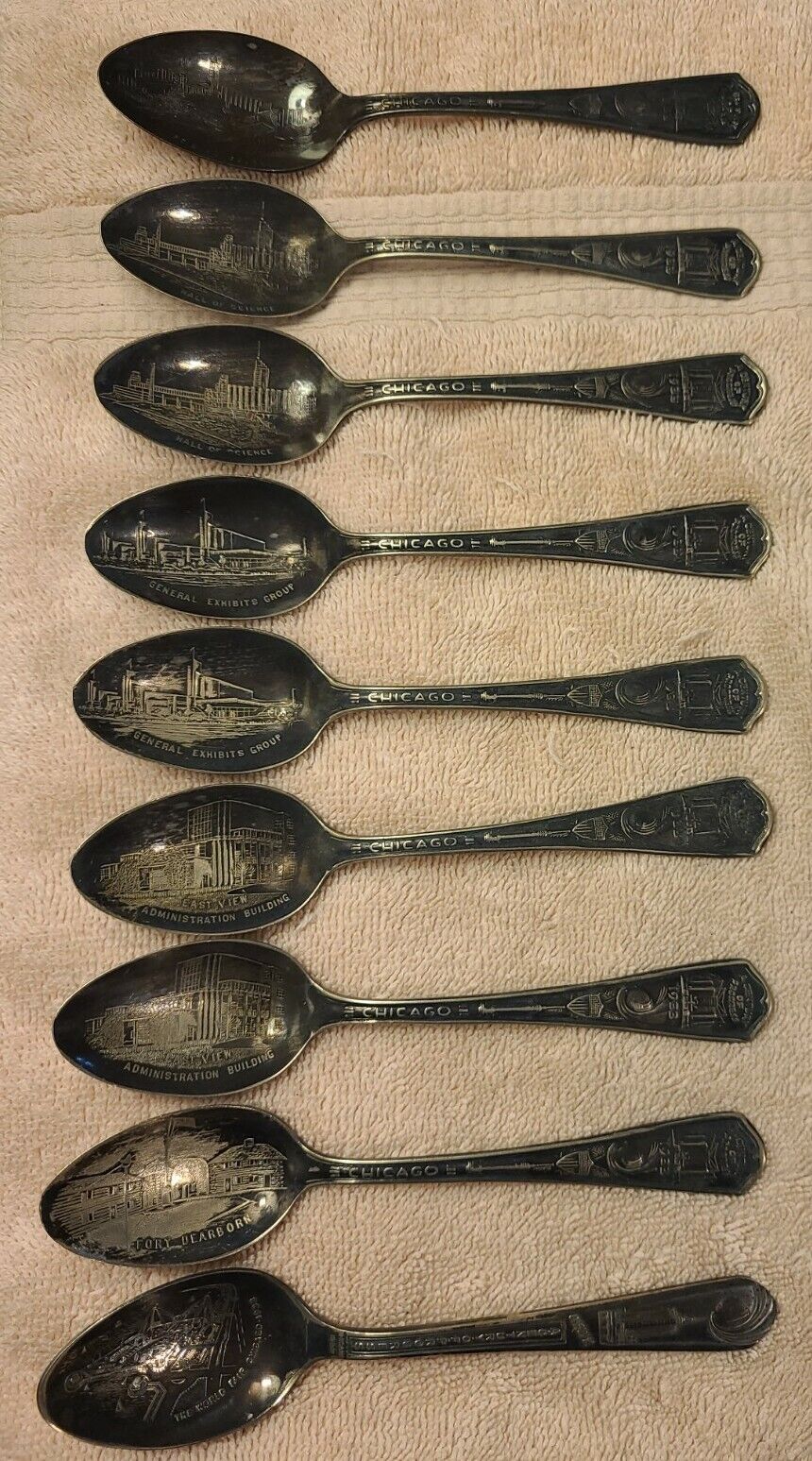 1933 Chicago World's Fair Century/ Progress Spoon Lot of 8, Oneida Silver Plated