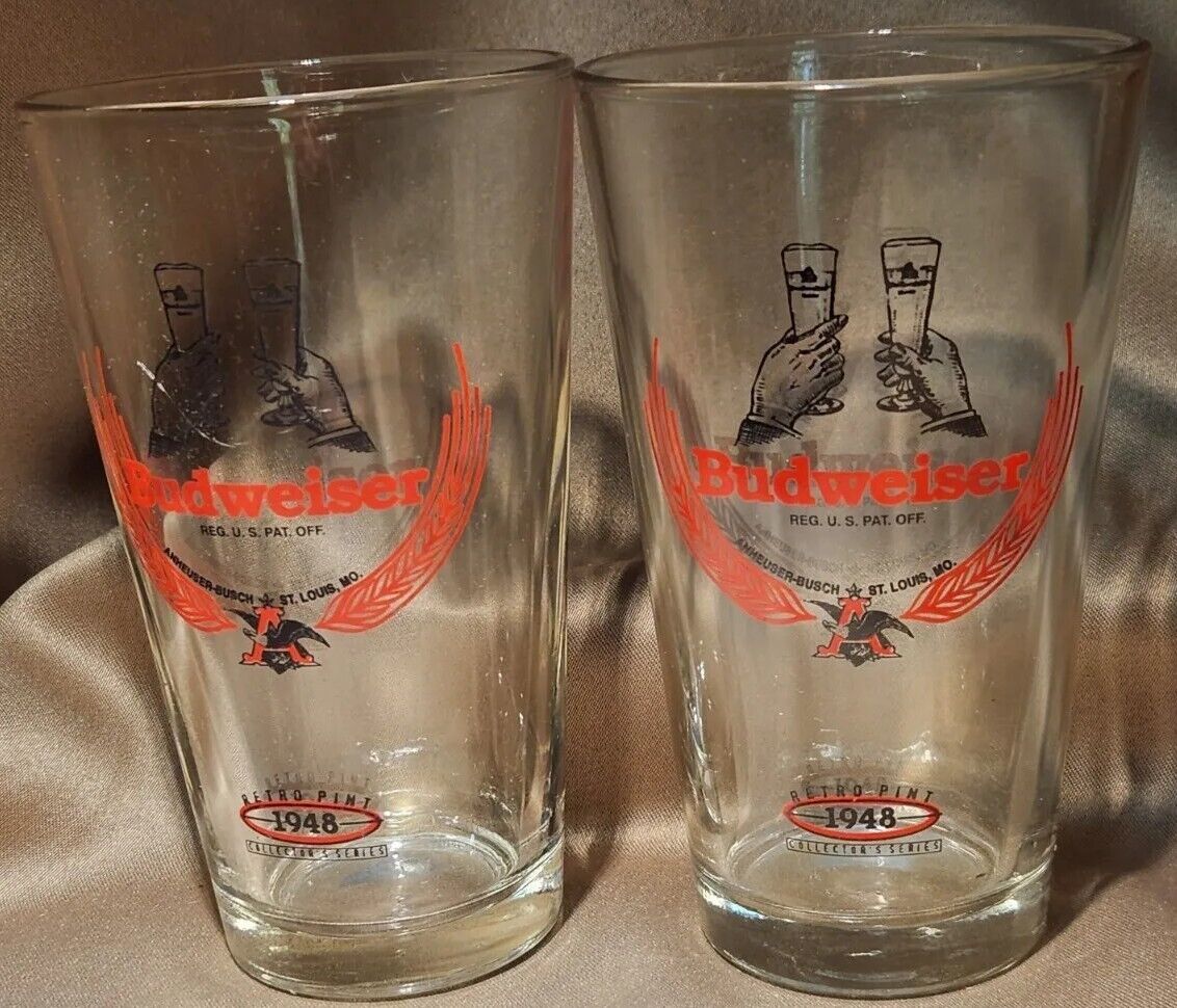 Pair Of BUDWEISER BEER RETRO Pint Glass Tumblers 1948 Libbey Collector\'s Series