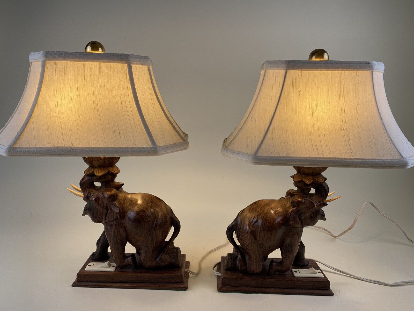 Pair Carved Wood Elephant Table Lamps w Shades