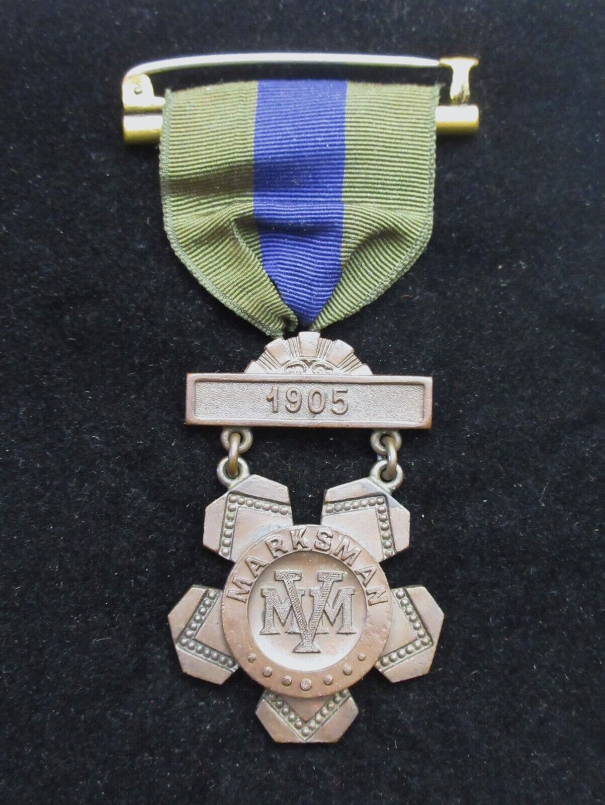 Mass. Vol. Militia 1905 2nd Class Marksman Badge W Ribbon