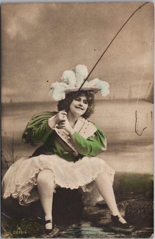 Vintage 1908 French Tinted Photo RPPC Greetings Postcard Girl with Fishing Pole