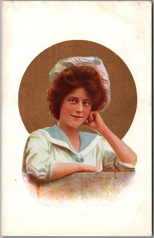 c1910s Pretty Girl Postcard Young Woman Sailor-Style Outfit / Gold Circle UNUSED