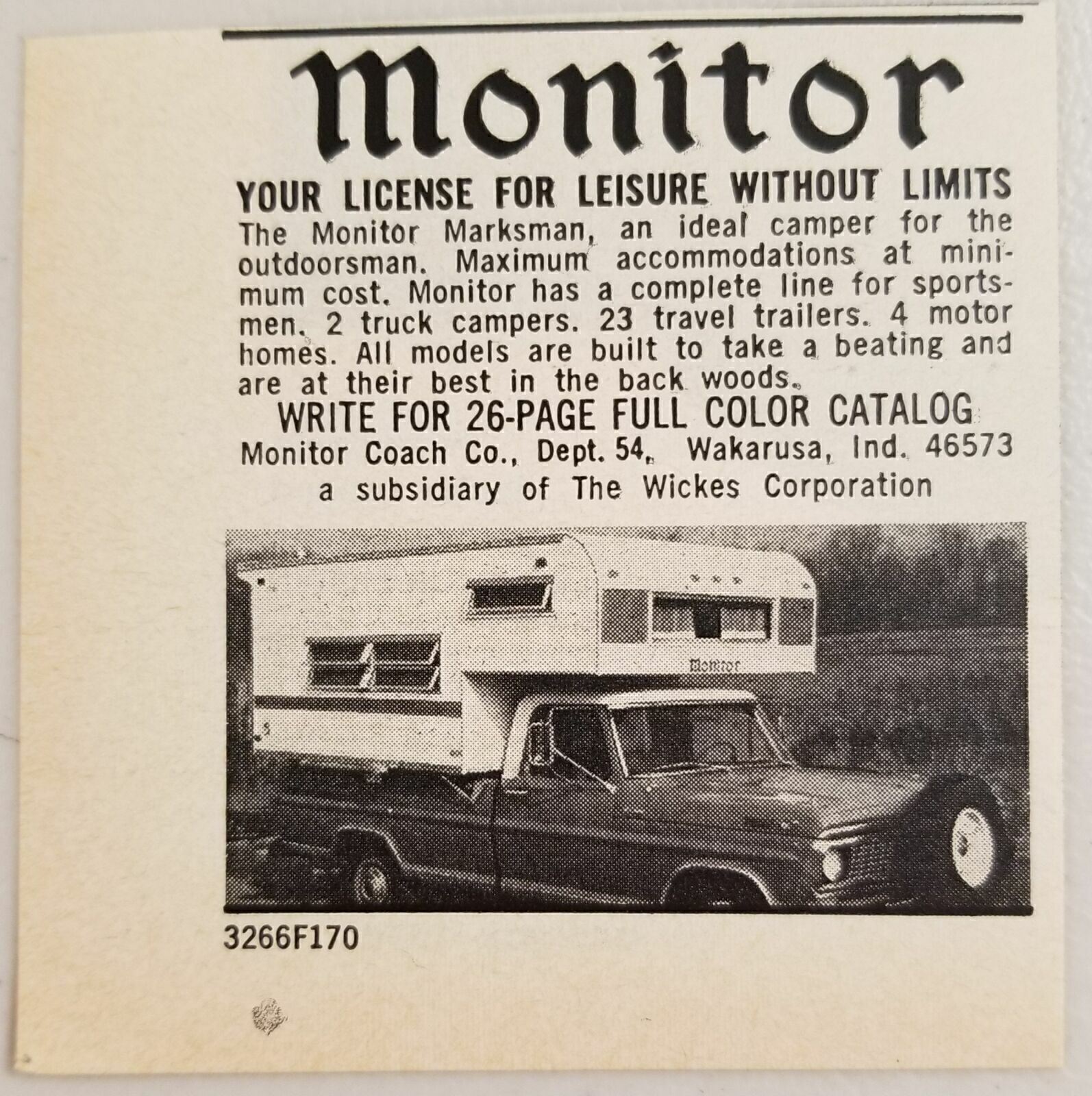 1970 Print Ad Monitor Pickup Truck Camper Tops Wakarusa,Indiana