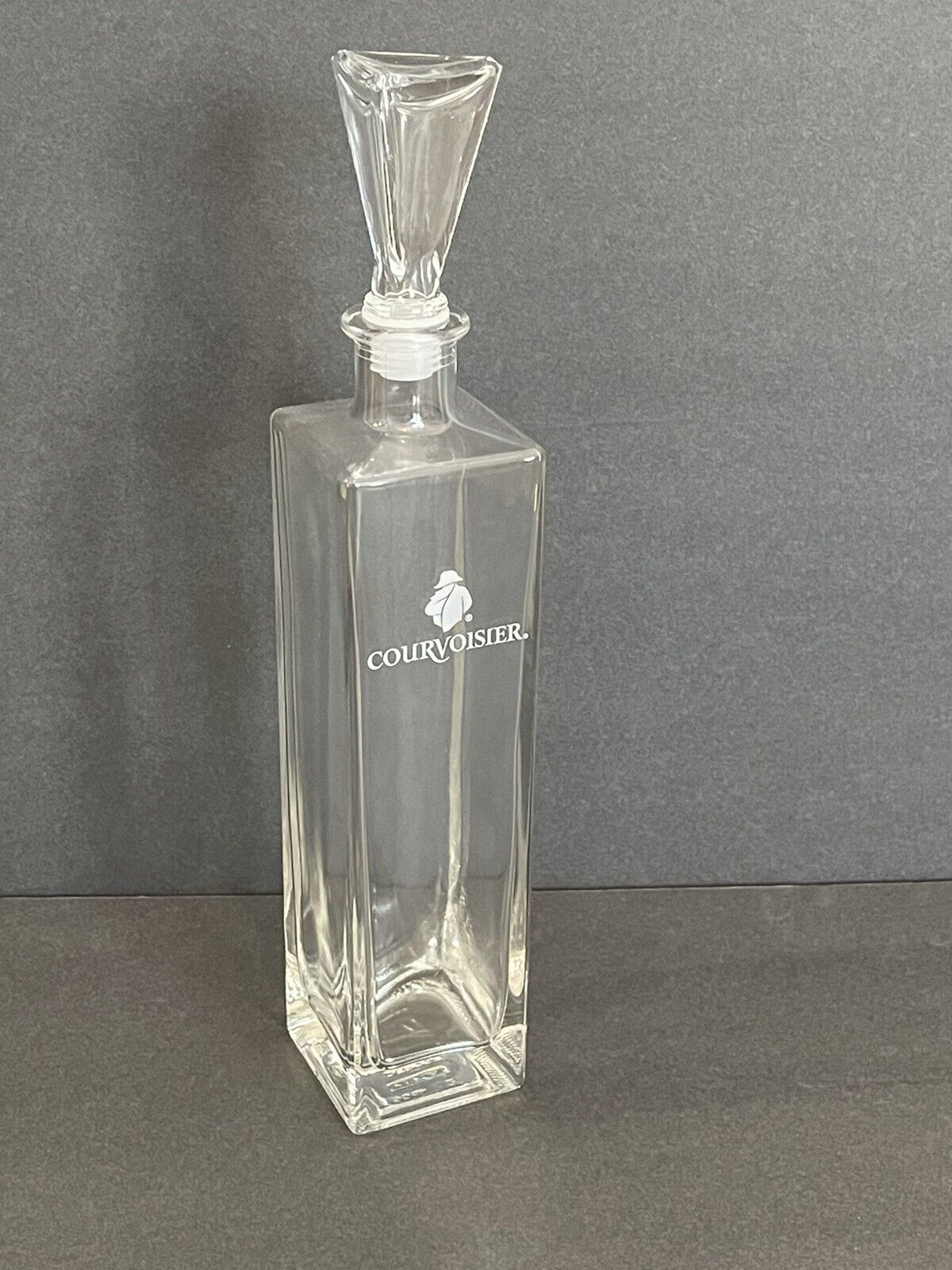 VTG COURVOISIER pyramid stopper glass bottle square etched clear decanter carafe