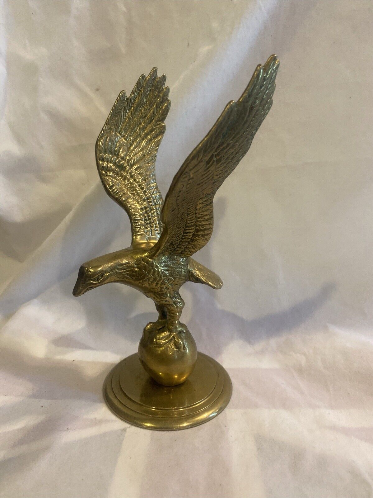 Vintage Solid Brass 8” Eagle In Flight On Orb Statue Bird