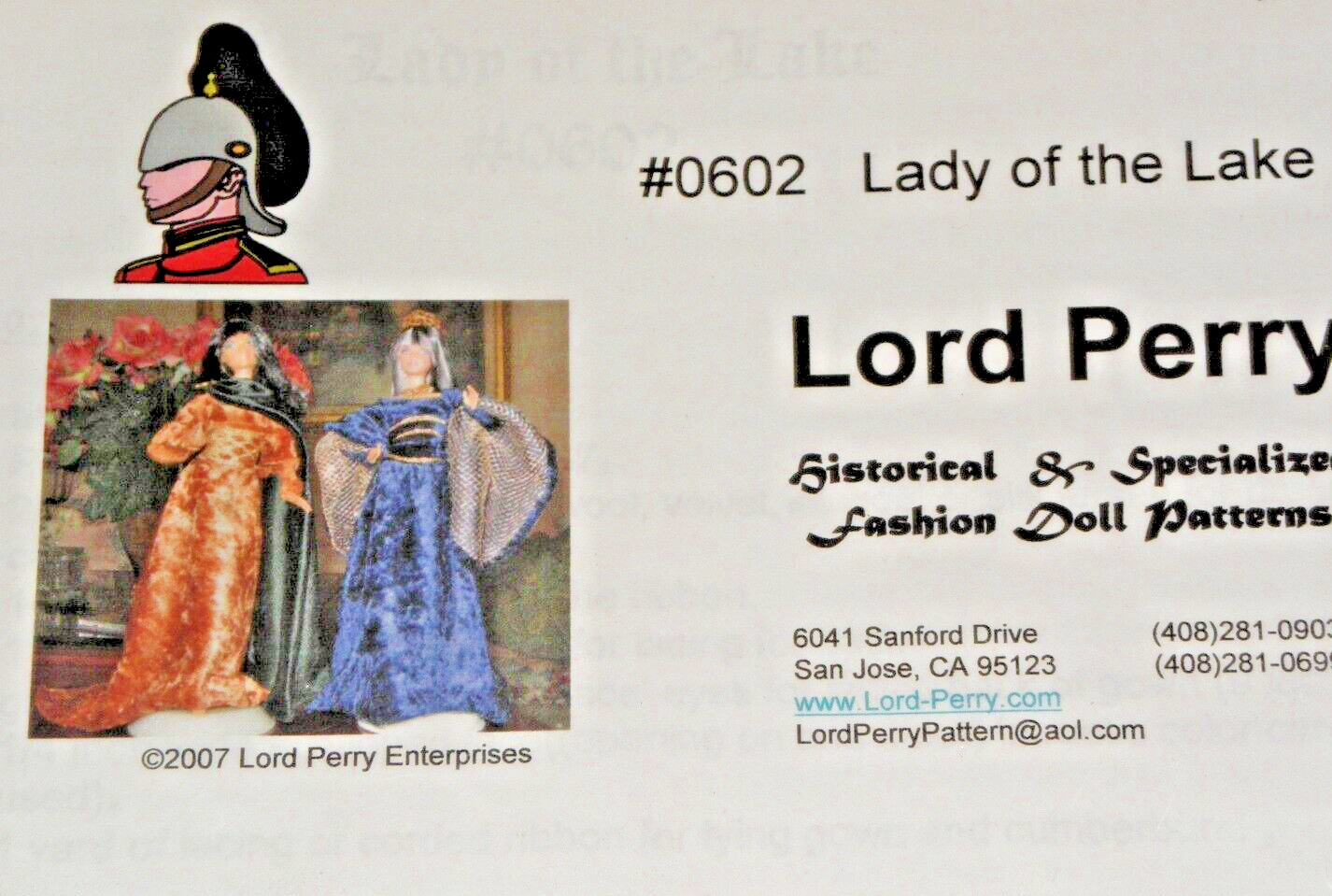 Lord Perry Fashion Doll Pattern LADY OF THE LAKE #0602