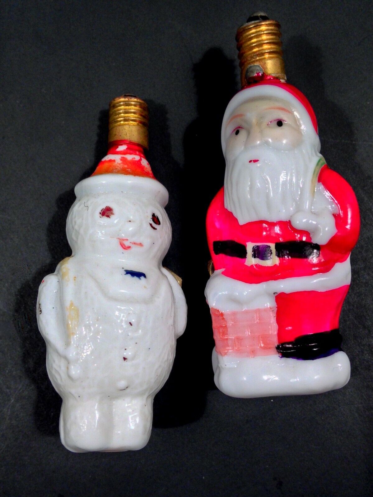 Vintage 1920\'s 30s Figural Santa Snowman Milk Glass Christmas Light Bulb Working