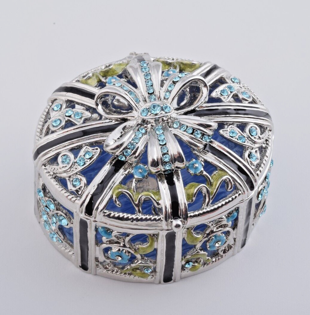 Keren Kopal  Blue Trinket silver plate Box Decorated with Austrian Crystals