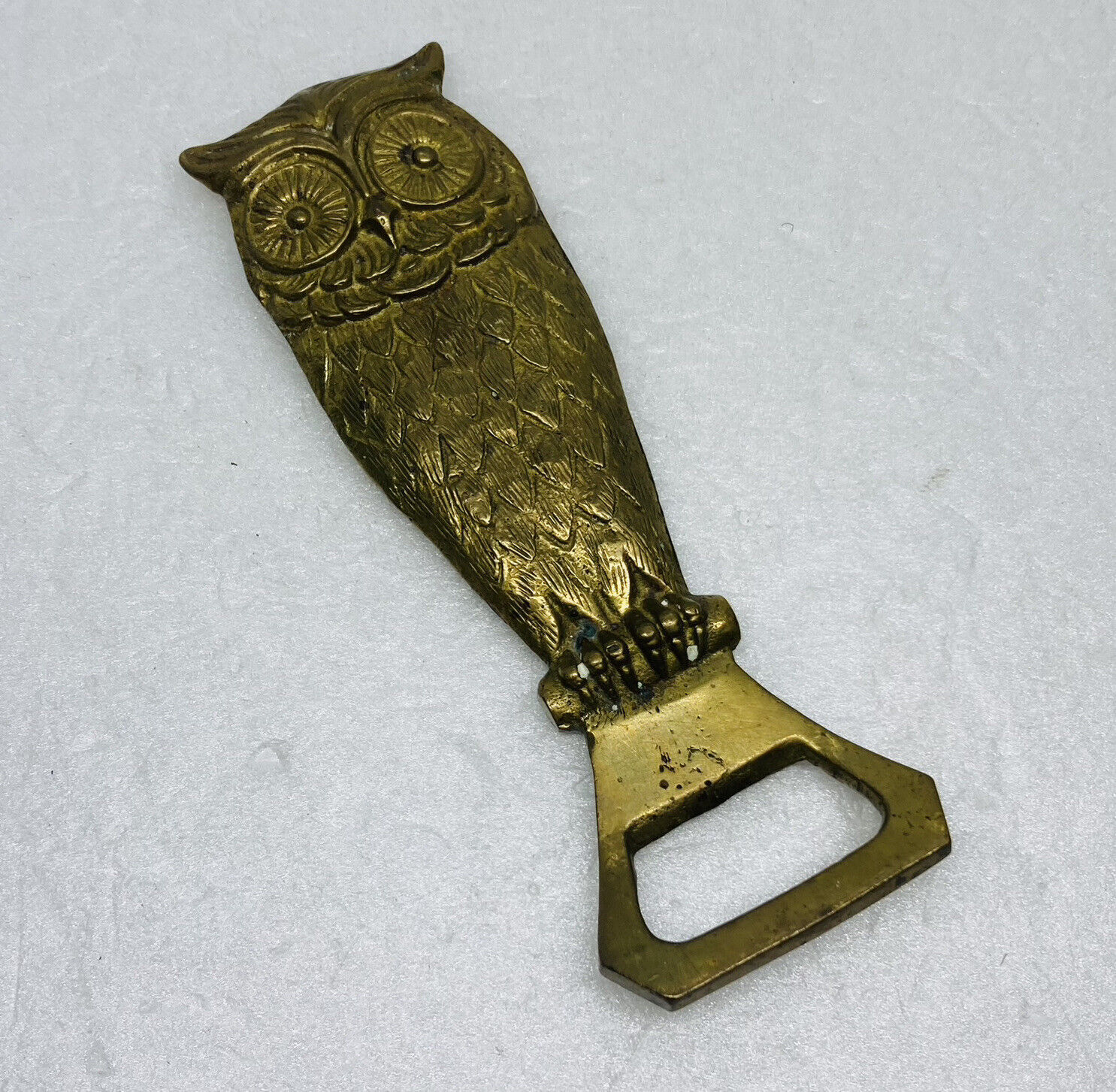 Vintage 1970s Solid Brass Carved Owl Beer Bottle Opener 5.25” Art Decor O