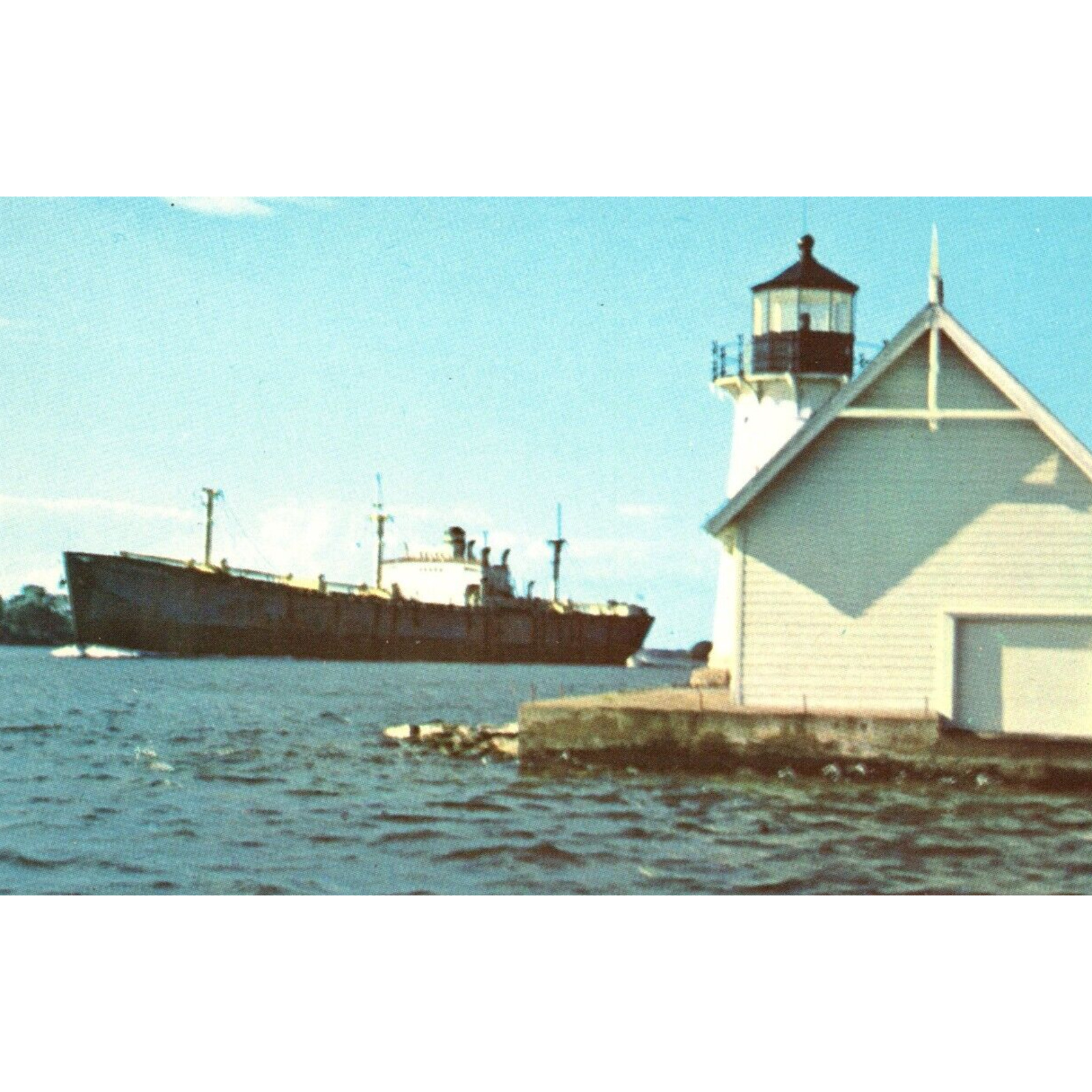 Vintage Sunken Rock Lighthouse Large Ship Passing St Lawrence River NY Postcard