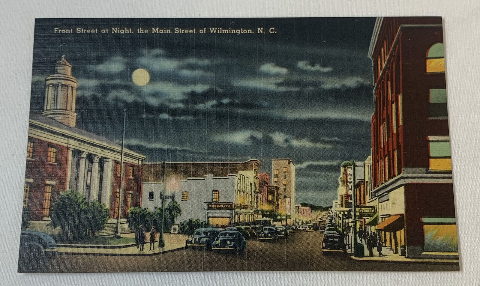 vintage postcard ~ FRONT STREET AT NIGHT, WILMINGTON, NC