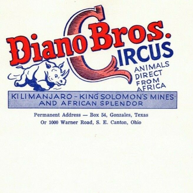 Very Scarce Diano Bros. Circus Letterhead c1953 - Canton, Ohio Rhino - VGC